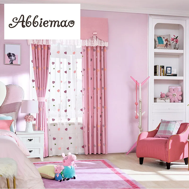 

Abbiemao Korean Style Pink Heart Curtain For Girl's Bedroom High Shade Cloth Lovely Embroidered Curtains French Window Curtains