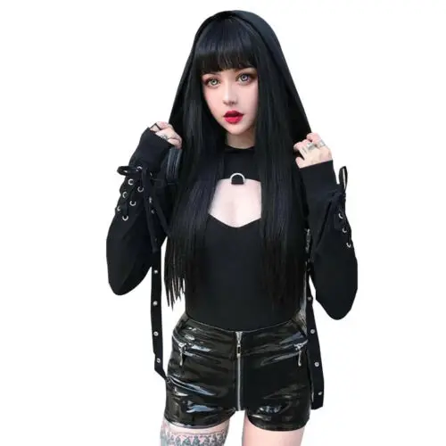  Women's Sexy Long Sleeve Lace Up Short Hoodie Black Crop Top Ladies Gothic Punk Casual Fashion Pill