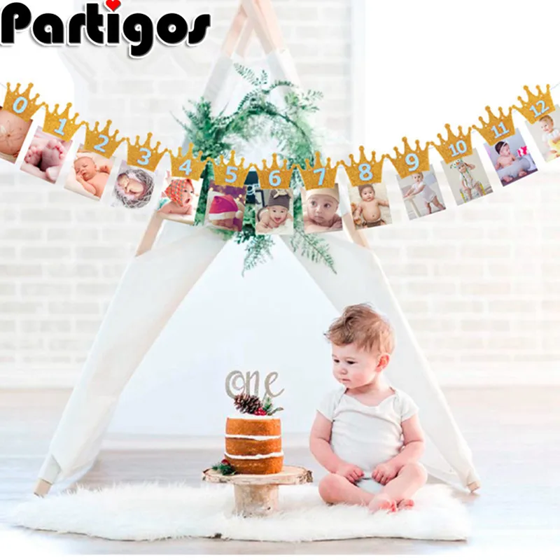 

1set Blue Pink 12 Months Baby Shower Birthday Party Photo Frame with Clip Props Decor Supplies Holder Crown Banner