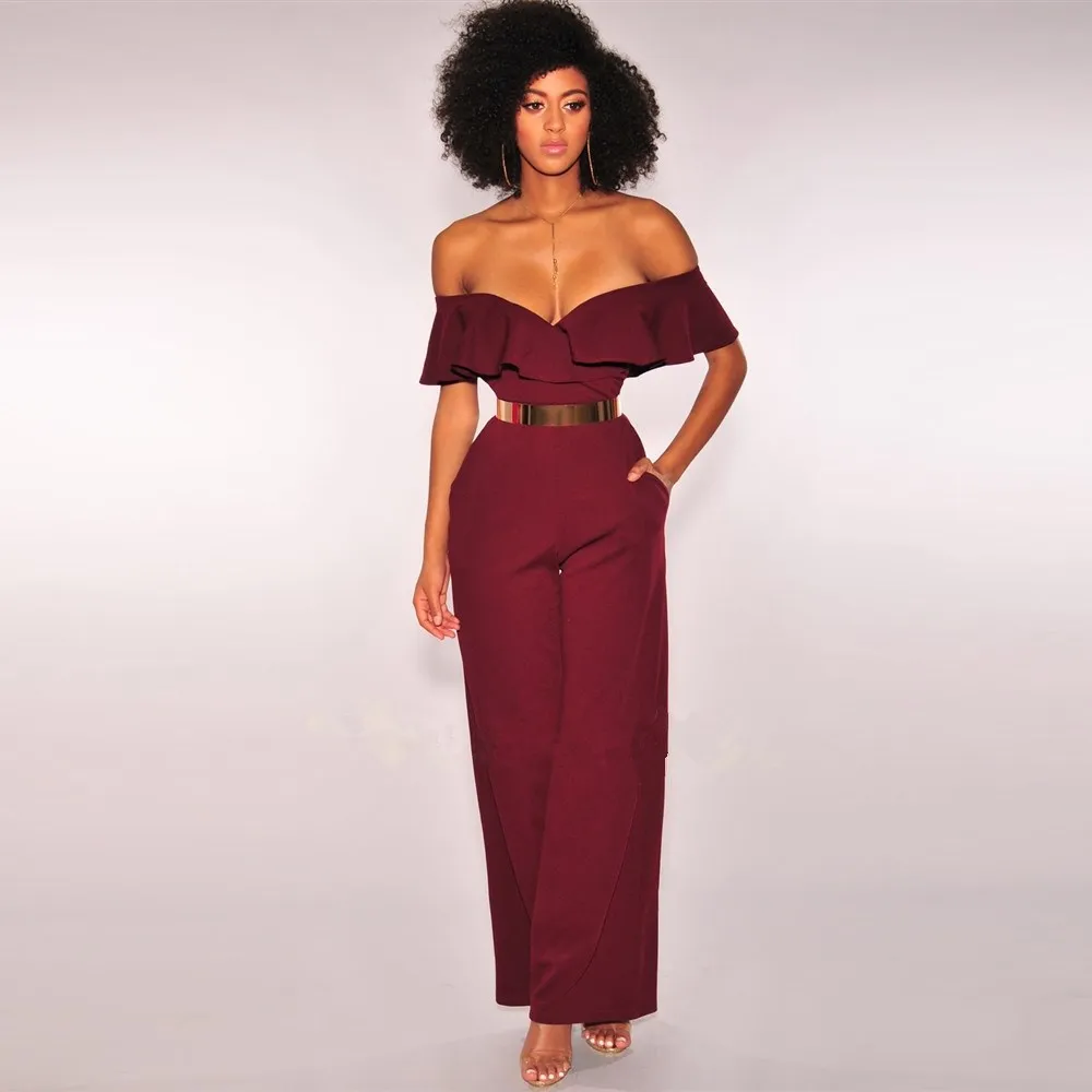 Elegant Ruffle Summer Jumpsuit Women Belt Sexy Off Shoulder Jumpsuit Overalls Loose Streetwear Wide Leg Pants Jumpsuits