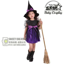 Hot Fancy Masquerade Party Cosplay Dress Witch Clothing Halloween Costume for Kids Girls with Wizard Hat