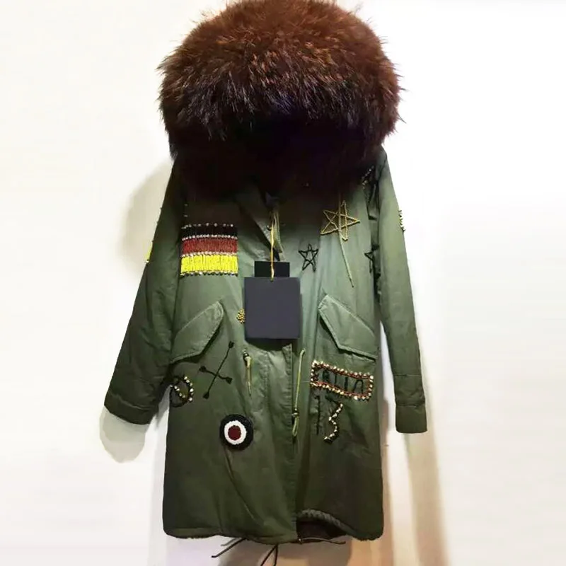 Special Price Fashion Flag of Germany Beading long style grey faux fur inside winter coat raccoon fur hooded free shipping Special Price Fashion Flag of Germany Beading long style grey faux fur inside winter coat raccoon fur hooded free shipping