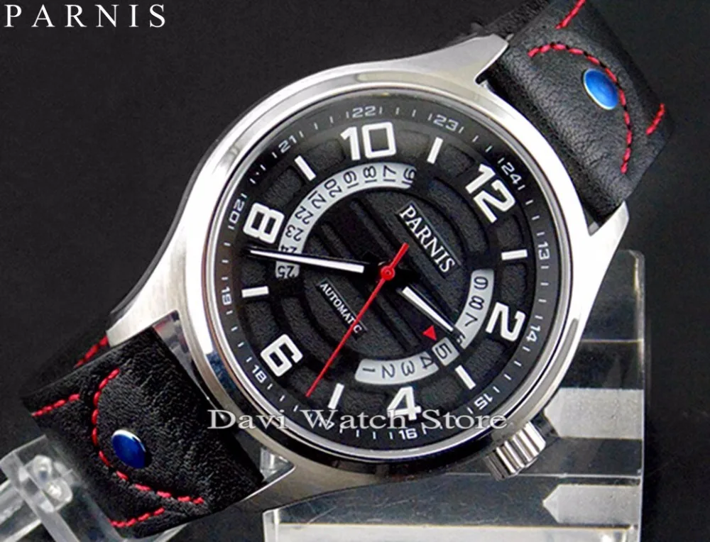 

Parnis black dial silver PVD steel case 43mm Sapphire Glass miyota Automatic menscase Watch