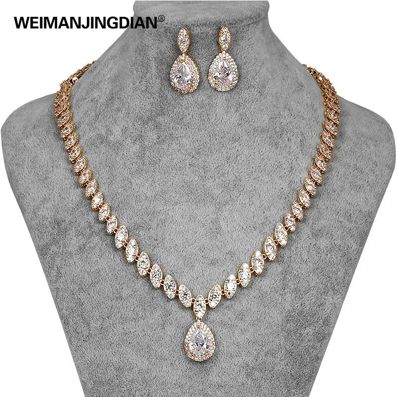 

WEIMANJINGDIAN Brand Luxury Teardrop and Marquise Cubic Zirconia CZ Crystal Necklace Earring Wedding Bridal Jewelry Set