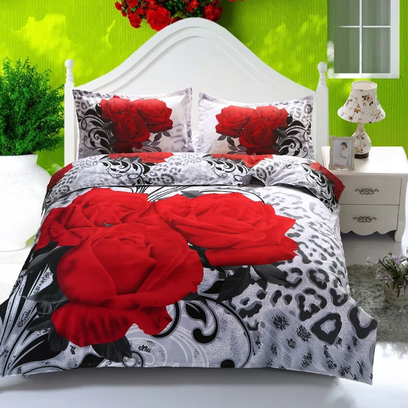 3D Red Rose Bedding Set Unique Wedding Bedclothes Queen Size Cotton bed