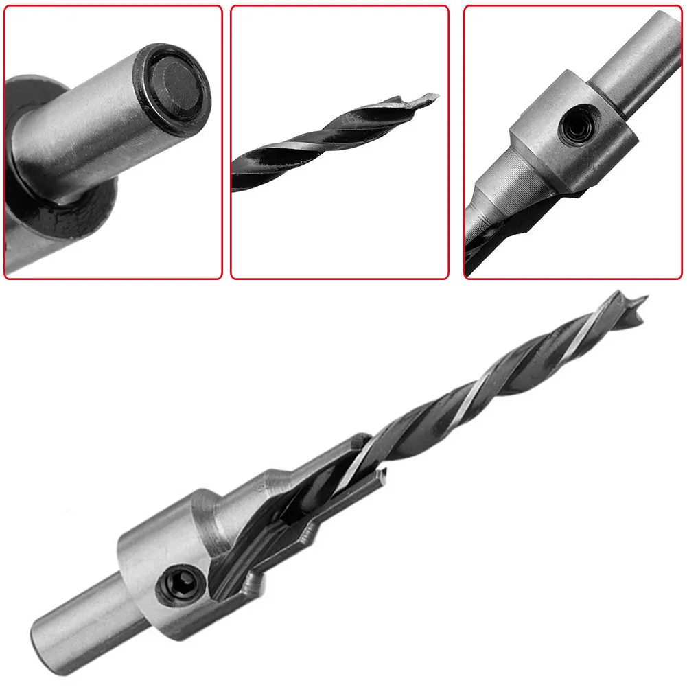 spesifikasi 2 Pc Pengeboran 3 Langkah Percontohan Countersink Bor Bit Set Alat Untuk Membesarkan Lubang Sekrup kayu Jendela Engsel Lubang Saw Talang 4 5 6 7mm Langkah 8mm Shank