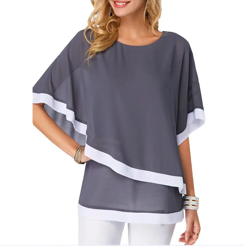 S-5XL размера плюс шифоновая блузка рубашка женская Новая Летняя женская блузка Повседневная рубашка рукав летучая мышь женские топы Женская одежда - Цвет: Gray