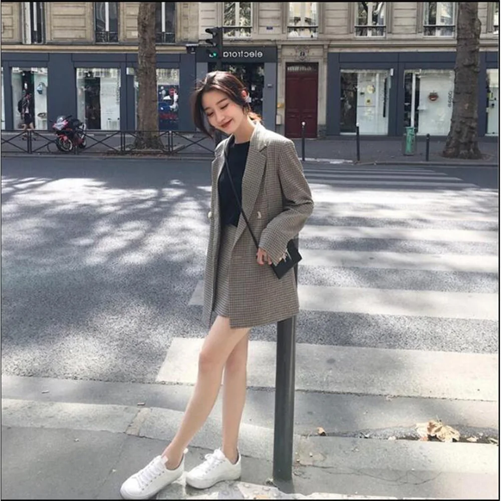 Double Breasted Ladies Plaid Blazer 2019 Office Vintage Long Sleeve Loose Houndstooth Suit Coat Jacket Female Women blazers