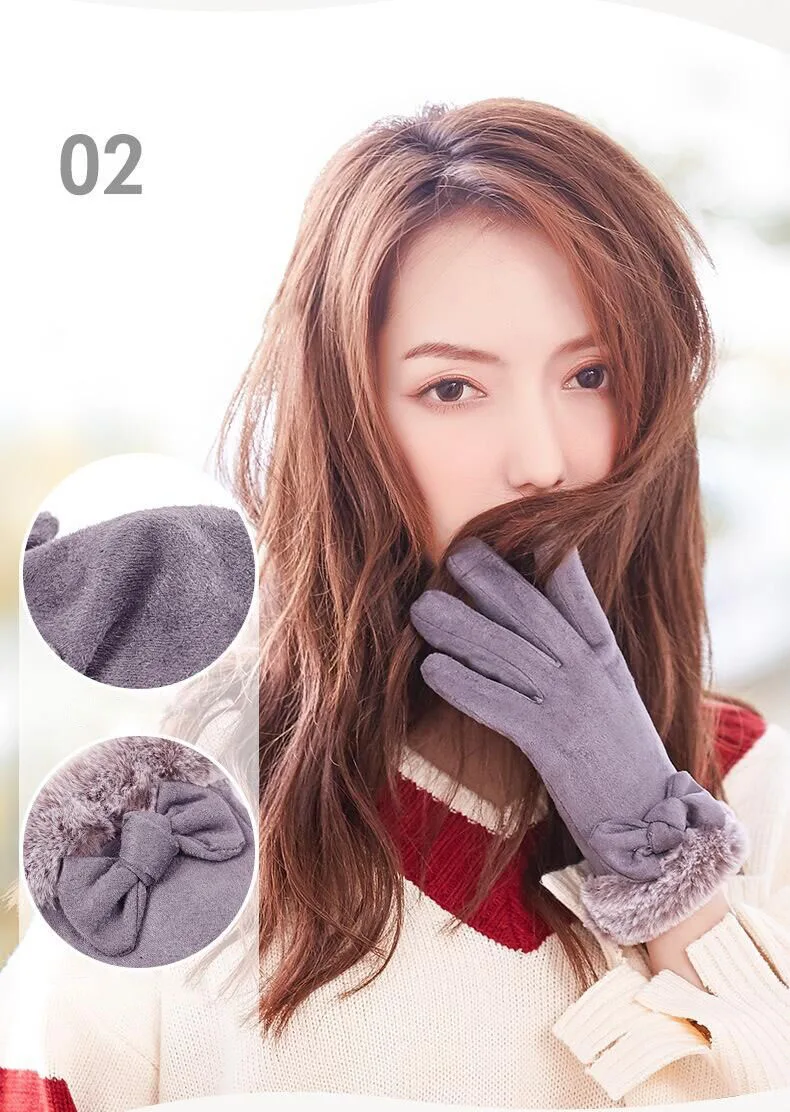SUOGRY Модные женские замшевые перчатки для смартфона зимние женские теплые кашемировые перчатки с бантом