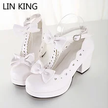 LIN ROI Chaussures Rose Cosplay Bowtie Cheville Bretelles Low Top Talons Carrés Pompes Solide En Cuir Souple Kawaii Princesse Partie Chaussures