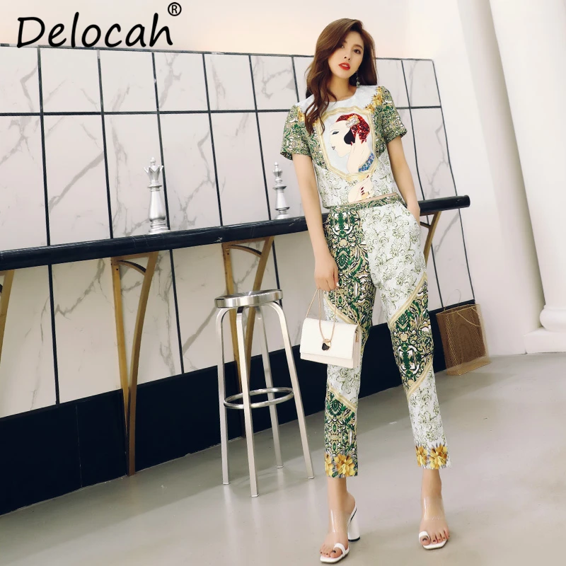 

Delocah Spring Summer Women Suits Runway Fashion Designer Gorgeous Sequined Short Tops And Vintage Print Long Pants 2 Pieces Set
