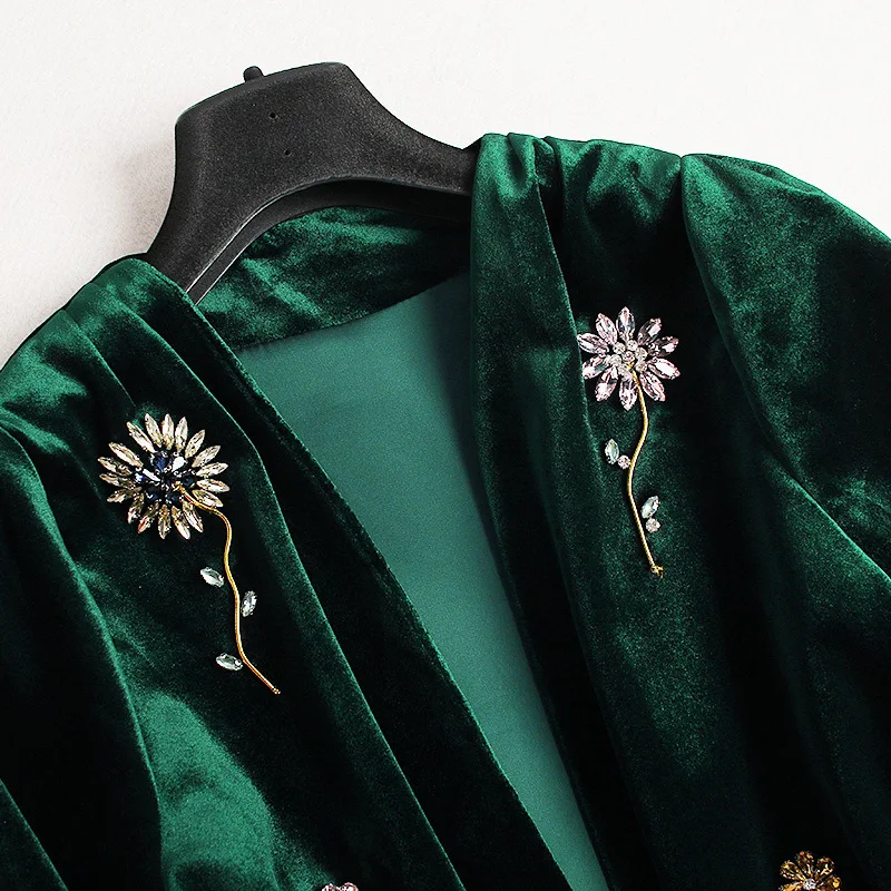 Великобритания зима стиль Бисероплетение роскошный кардиган куртки с длинным рукавом зеленый/черный Весна цветок Бархат бисером куртка для женщин