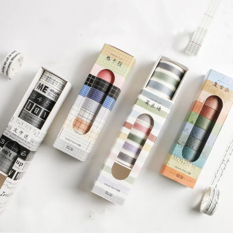 

10pcs/lot Beautiful Vintage Grid Text Washi Tape Set Cute Paper Masking Tape Japanese Stationery Scrapbooking Sticker Stationery