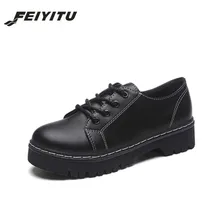 FeiYiTu Для женщин Британский полуботинок женские туфли Обувь на толстой подошве, женские ретро черные маленькие кожаные Колледж повседневная обувь