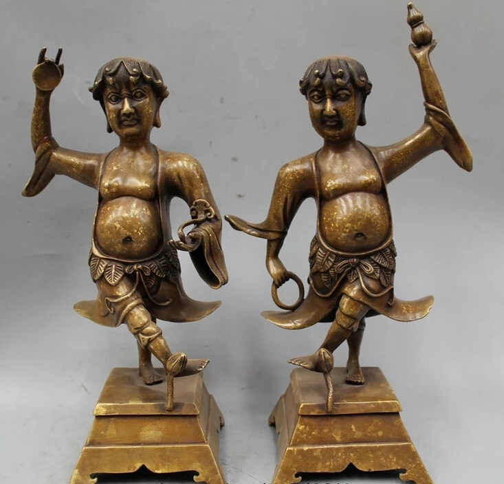 

12" China Chinese Folk Feng Shui Bronze Myth Heng Heng Two Buddha Statue