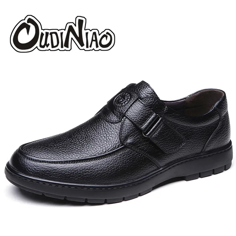 

OUDINIAO Mens Shoes Casual Round Toe Slip On Shoes Men Loafers Cow Split Leather Men Shoes Soft Comfortable 2018 Black Brown