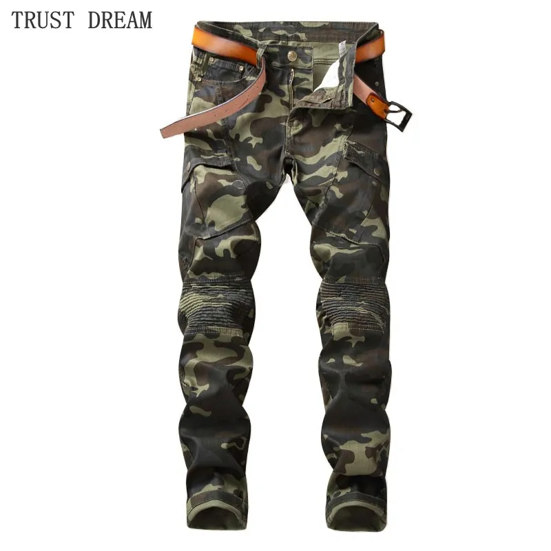 

Men's Denim Slim Jeans Homme Personal Camo Pants Patchwork Trousers Euro Designed Man Motor Biker Style Personal Fashion Jean