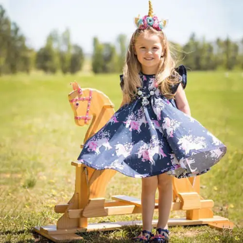 

Infant Baby Girl floral animal Unicorn pattern Summer Dress One-Piece Fly-Sleeve