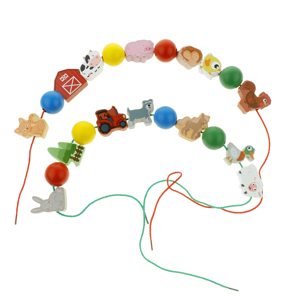 

Colorful Wooden Block Threading Beads Toy Wooden Counting Beads Lacing and Stringing Beads Cartoon Farm Animals Pattern Toys