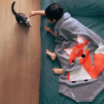 

Baby Warm Air Conditioning Blanket Baby's Knitted Swaddle Blanket Fox Pattern Wool For Baby Bedding Quilt Kids Bath Towel