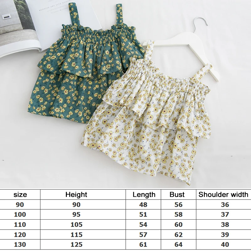 Fashion Baby Girls Blouses Shirts Cute Ruffle Sling Top Sleeveless Floral Summer Clothing For 2-7Y Kids Children Wholesale