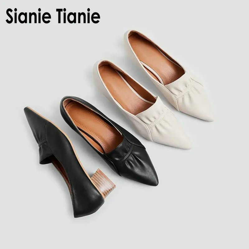 

Sianie Tianie 2019 new soft PU pointed toe ruffles design woman med heels pumps dress casual loafers slip-on female girls shoes