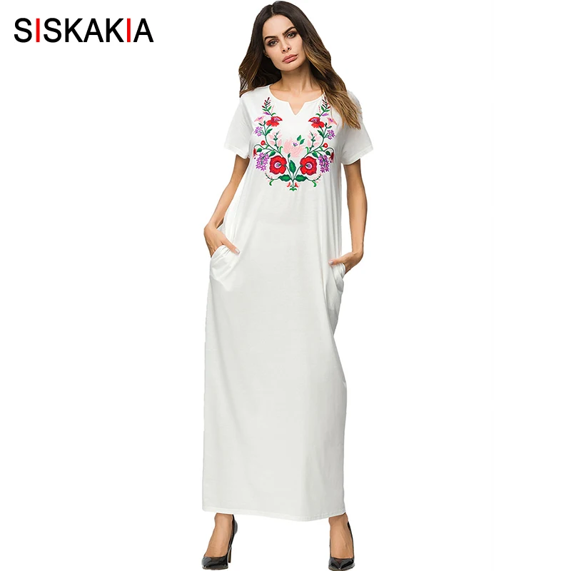 

Siskakia White Floral Embroidery maxi long dress urban casual slim fit T shirt dresses Brief Elegant Muslim Ramadan clothing