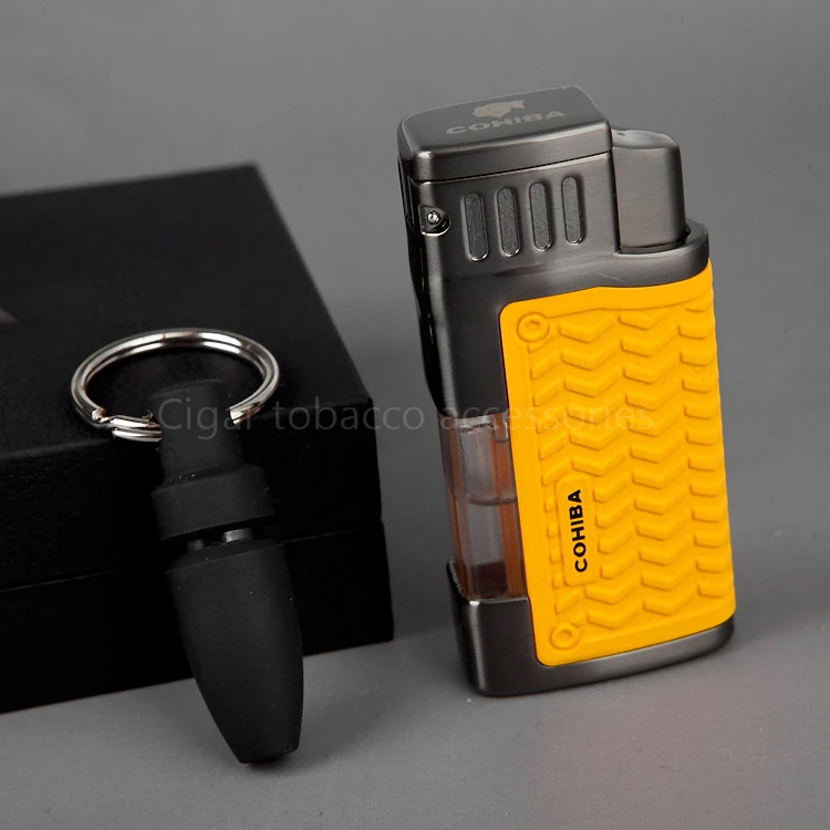COHIBA Cool Gadgets Metal Yellow Rubber Windproof 2 Torch Jet Flame Gas