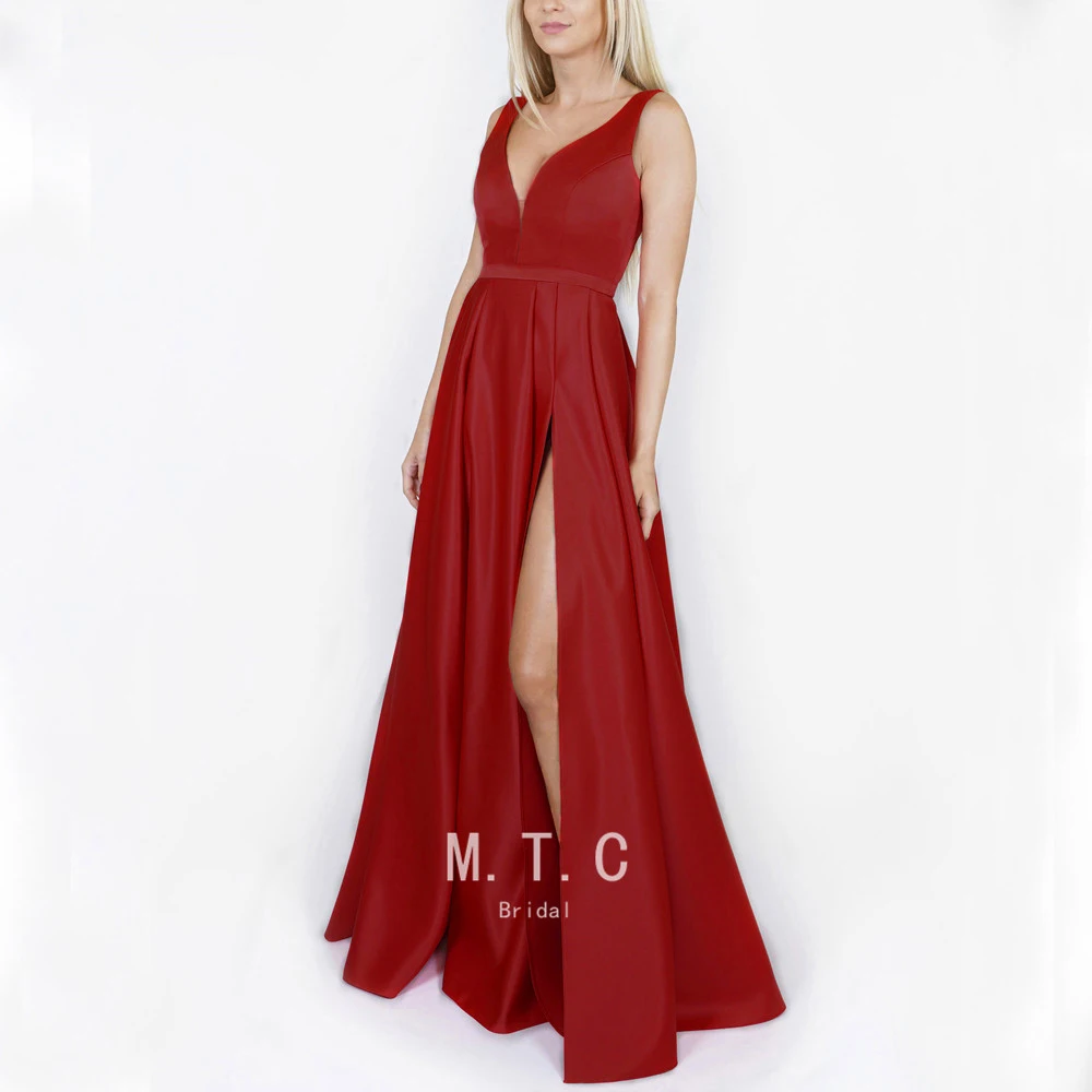 

High Slit Evening Dress Burgundy A Line V Neck Sexy Satin Long Formal Dresses 2019 New Arrival Wedding Party Gowns Cheap
