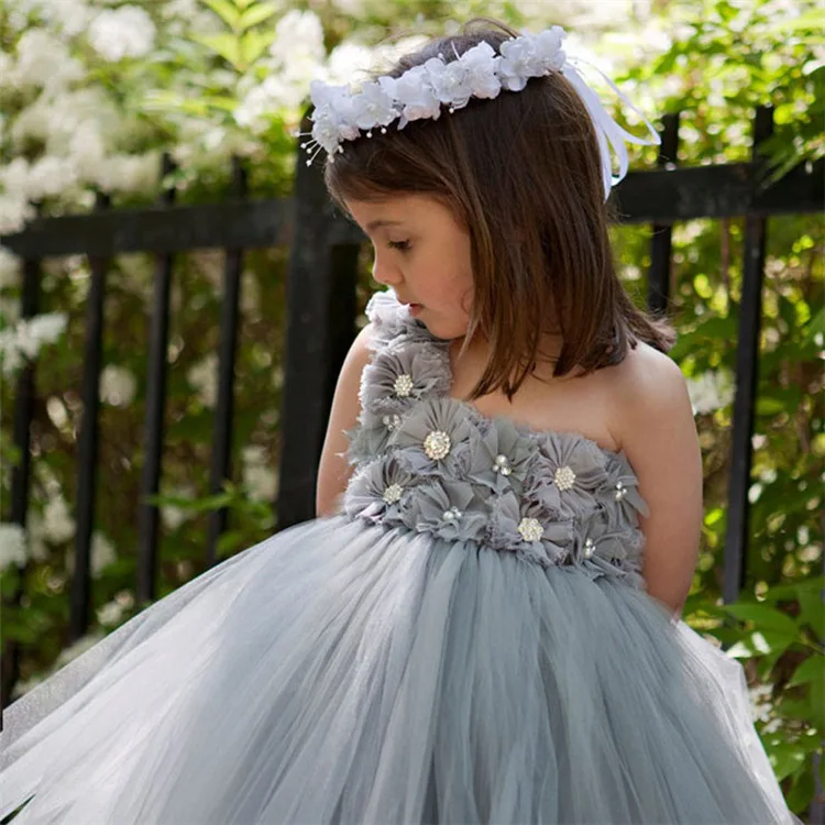 

New 2017 Tulle Gray Baby Bridesmaid Flower Girl Wedding Dress Fluffy Ball Gown USA Birthday Evening Prom Cloth Tutu Party Dress