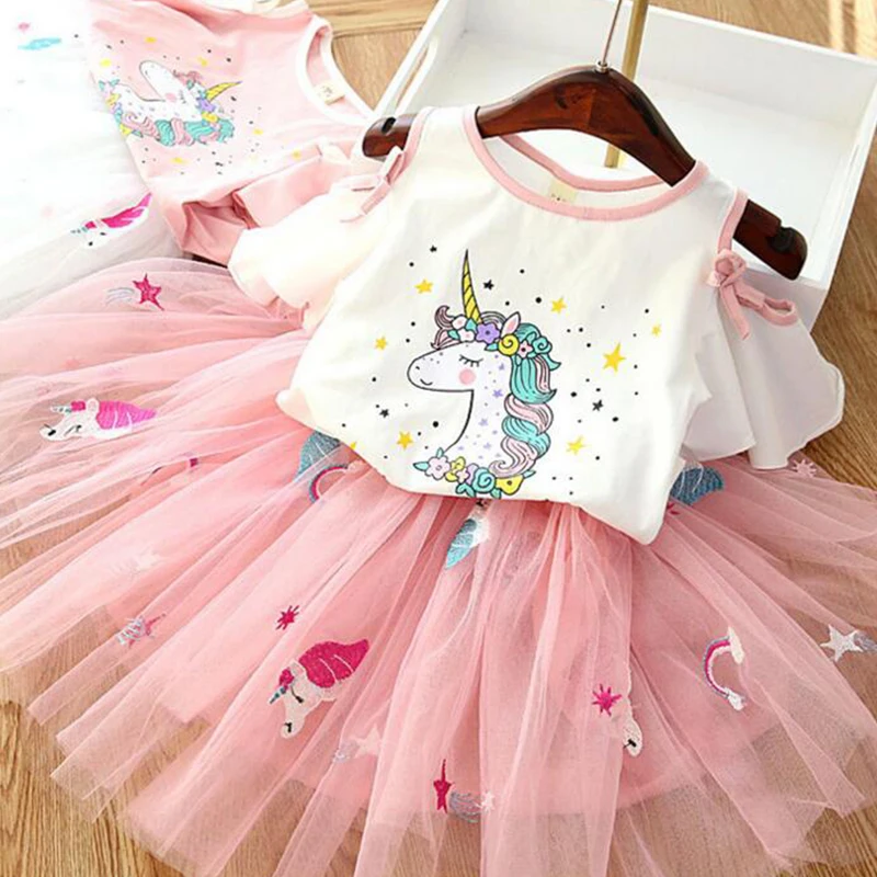 

Fashion Girls Clothes Fairy Unicorn Princess Outfits 2pcs Off shoulder Shirt+Skirt Sets Cartoon Designed Tutu Party Pettiskirt