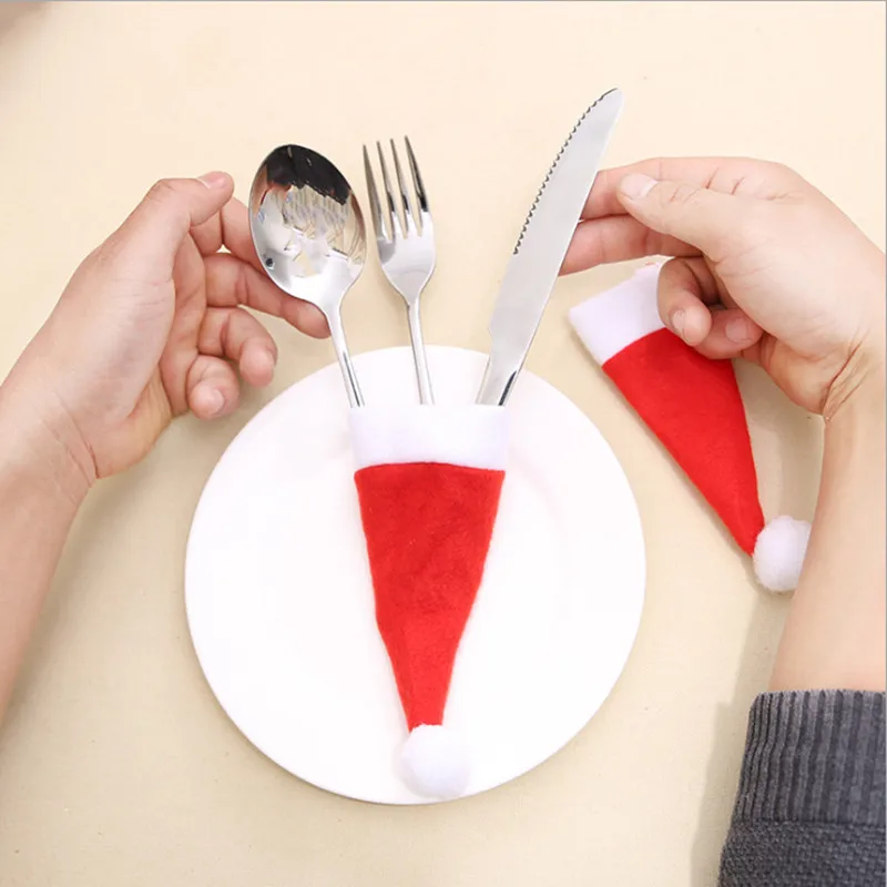10pcs/lot Red non-woven fabric Christmas cap knife and fork set 6*12cm tableware wine bottle decoration supplies | Дом и сад