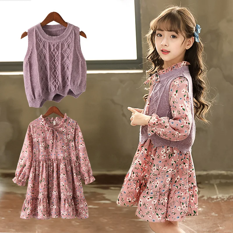 

2018 New Cute Girls Autumn Dresses Kids Two Piece Set Long Sleeved Kids Sweater Vest and Floral Chiffon Dress Children Dress Set