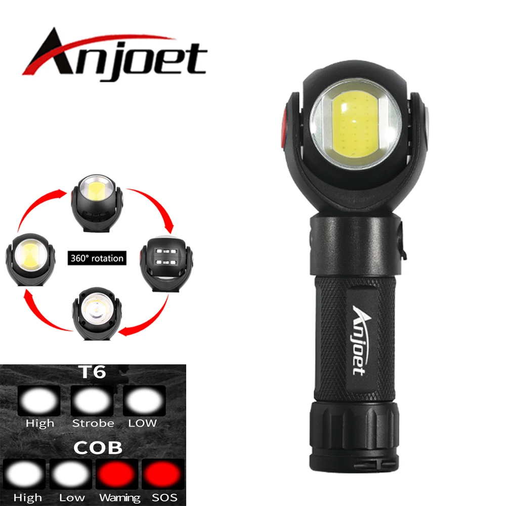 

Anjoet Flashlight 360 Degree T6+COB Waterproof Magnet Mini Lighting LED Torch Outdoor use 18650 or 26650 battery + USB Cable