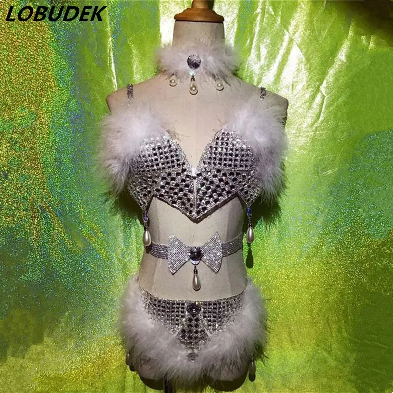 

Rabbit hair Sparkly stone Bikini sexy female costumes flash Diamond 4 piece sets nightclub DJ JAZZ performance stage show