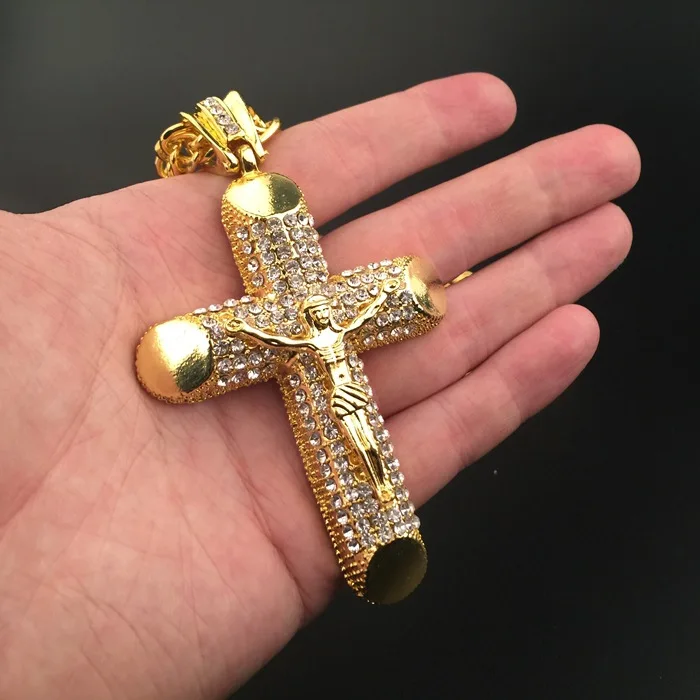 

Hip Hop Jesus Cross Pendant Chain Mens Yellow Gold Filled Pave Full Zirconia Crucifix Necklace Christian Jewelry Chain