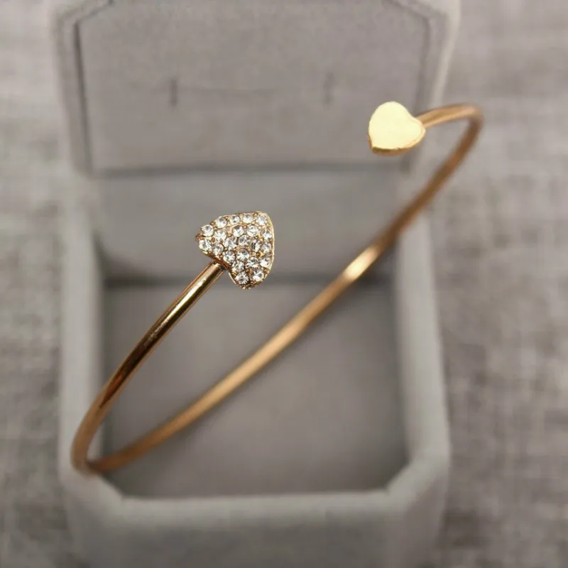 

1 pcs sell New Fashion Adjustable Crystal Charm Bracelets Women Jewelry Double Heart Bow Bilezik Opening Mujer Pulseras
