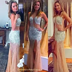 Robe de soiree новые модные Выпускные платья 2016 Иллюзия шеи без рукавов длиной до пола русалка бисером из тюля длинное вечернее платье