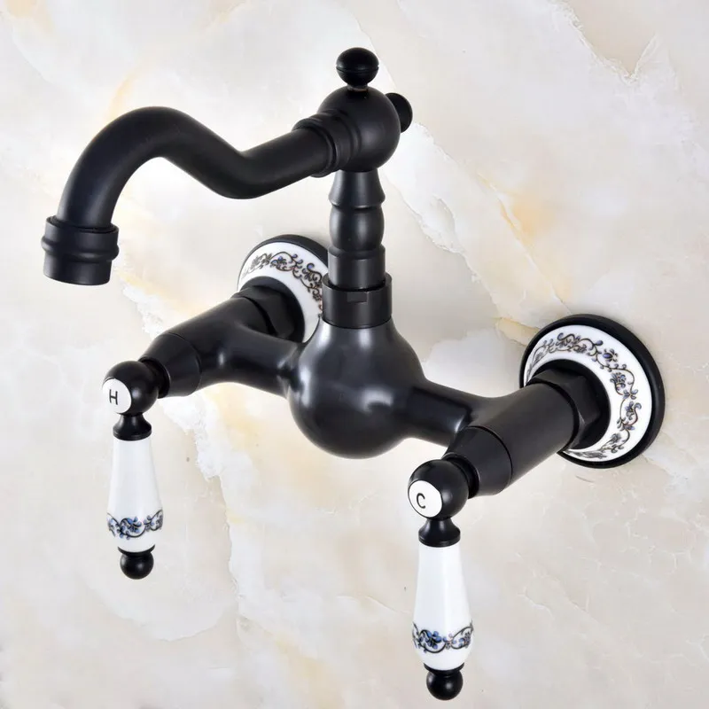 Black Oil Rubbed Bronze Wall Mounted Bathroom Kitchen Sink Faucet Swivel Spout Mixer Tap Dual Ceramics Handles Levers anf864