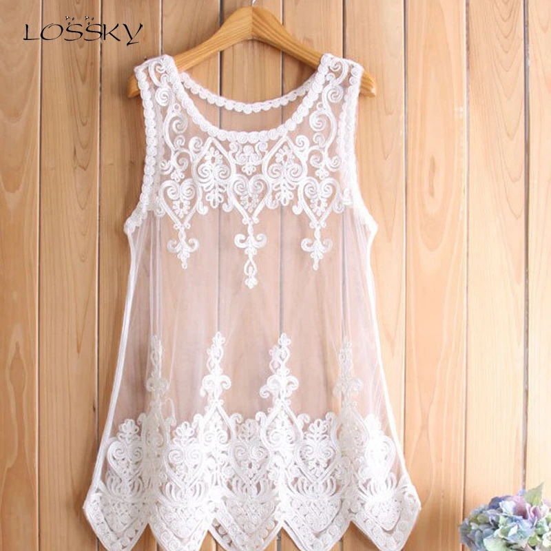 

Lossky Fashion Casual Summer Tank Tops Women White Mesh Transparent Lace T-Shirt Vest Embroidery Flowers Bottoming Camisole 2019