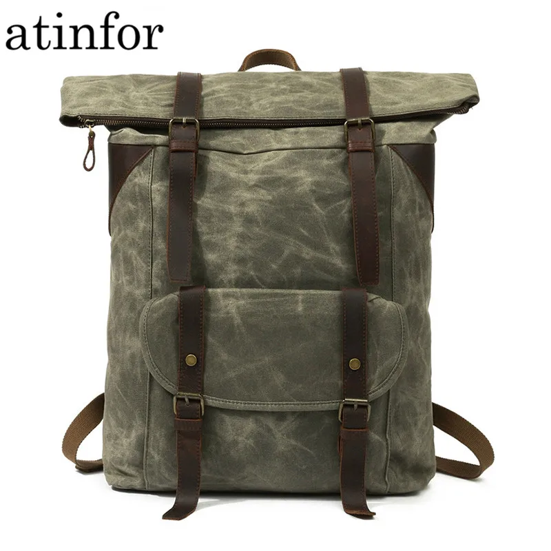 

Retro Waterproof Oil Wax Canvas with Genuine Leather Backpack Men Travel Rucksack Large Capacity Casual 20 inches Bagpack Belt