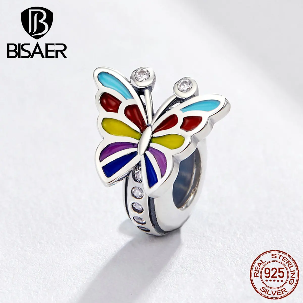 

BISAER Butterfly Charms 925 Sterling Silver Colorful Enamel Insect Butterfly Beads fit Charm Bracelets DIY Jewelry ECC1195