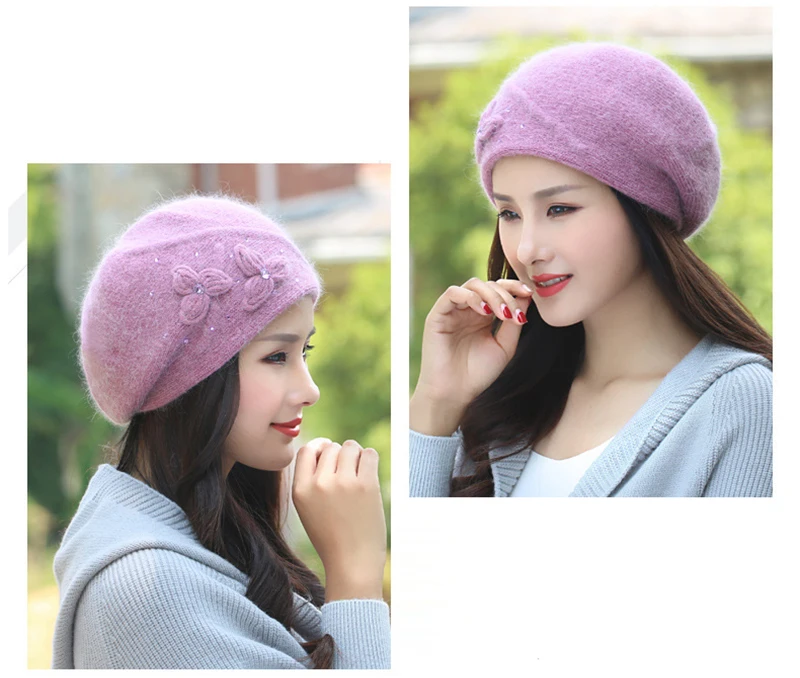 Women Beanie Knit Hat Angora Winter Warm Beret Double Layer Casual Soft Flower Stretchy Thermal Snow Outdoor Accessory (5)