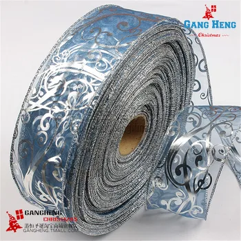 

10M *2.5" (63mm) Silver Printed Glitter Organza Ribbons Christmas Tree Ornaments Wedding Decor Supplies Gift Wrapping Riband