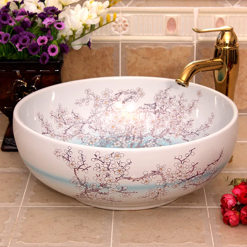 China Artistic Handmade Engraving Ceramic Lavobo Round Countertop size of wash basin plum blossom painting white (2)