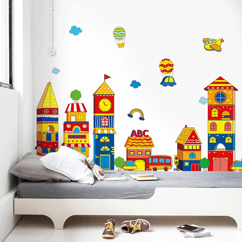 Large Castle Cartoon Wall Sticker for Kids Room Living Room Kindergarten Baby Nursery Color Buildin - 33046369174