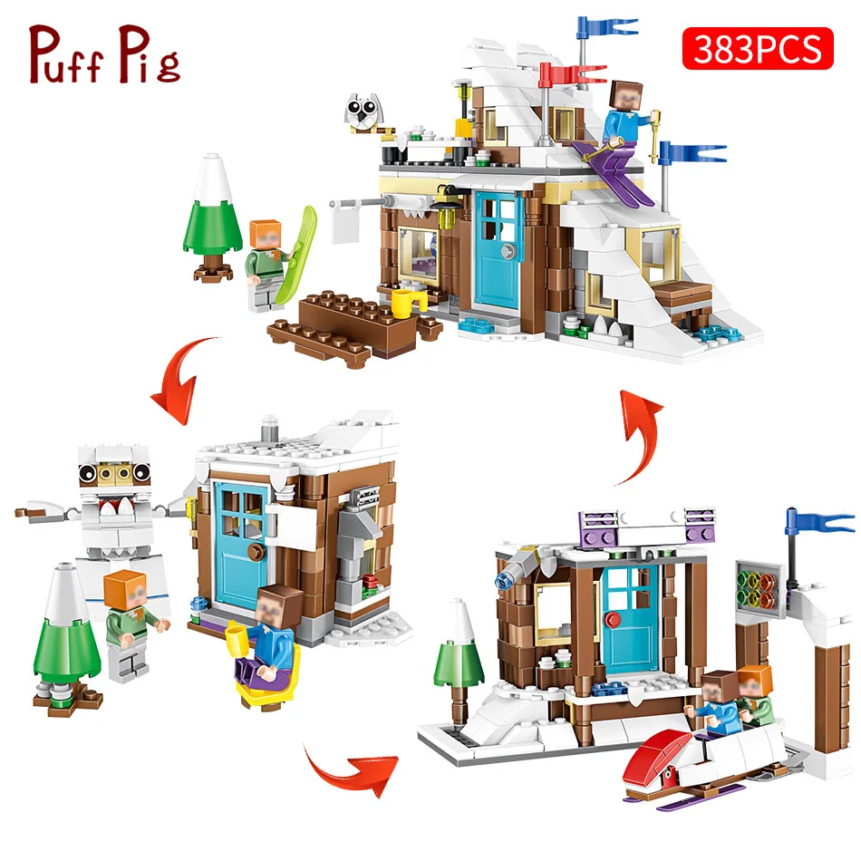 

383pcs 3 in 1 Ski Holiday House Model Building Blocks Compatible Legoings Minecrafted City Figures Christmas Toys For Children
