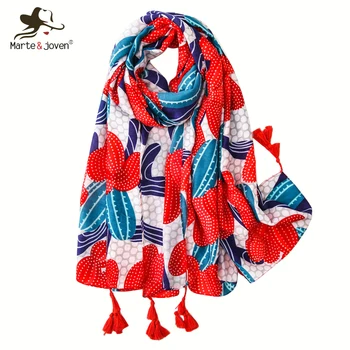

Marte&Joven Fashion Cactus Print Red Women Winter Warm Scarf Enthusiastic Summer Beach Wrap Shawl for Female Bandana Hijab
