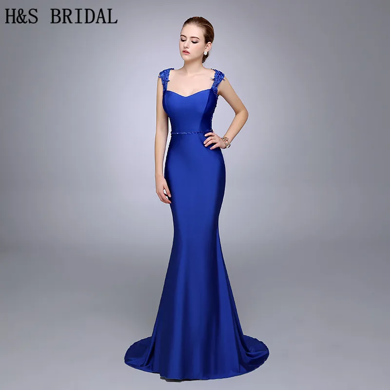 10044 21 De Réductionphoto Réelle Dentelle Bleu Royal Applique Sirène Robe De Soirée 2019 équipage Perlée Pivot Dos Nu Robe De Soirée Invité De