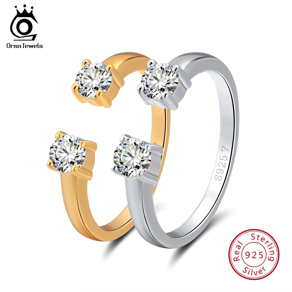 ORSA JEWELS Real 925 Sterling Silver Rings Open Design Silver&Gold Color AAA Zircon Adjustable Ring Party Jewelry For Women SR60